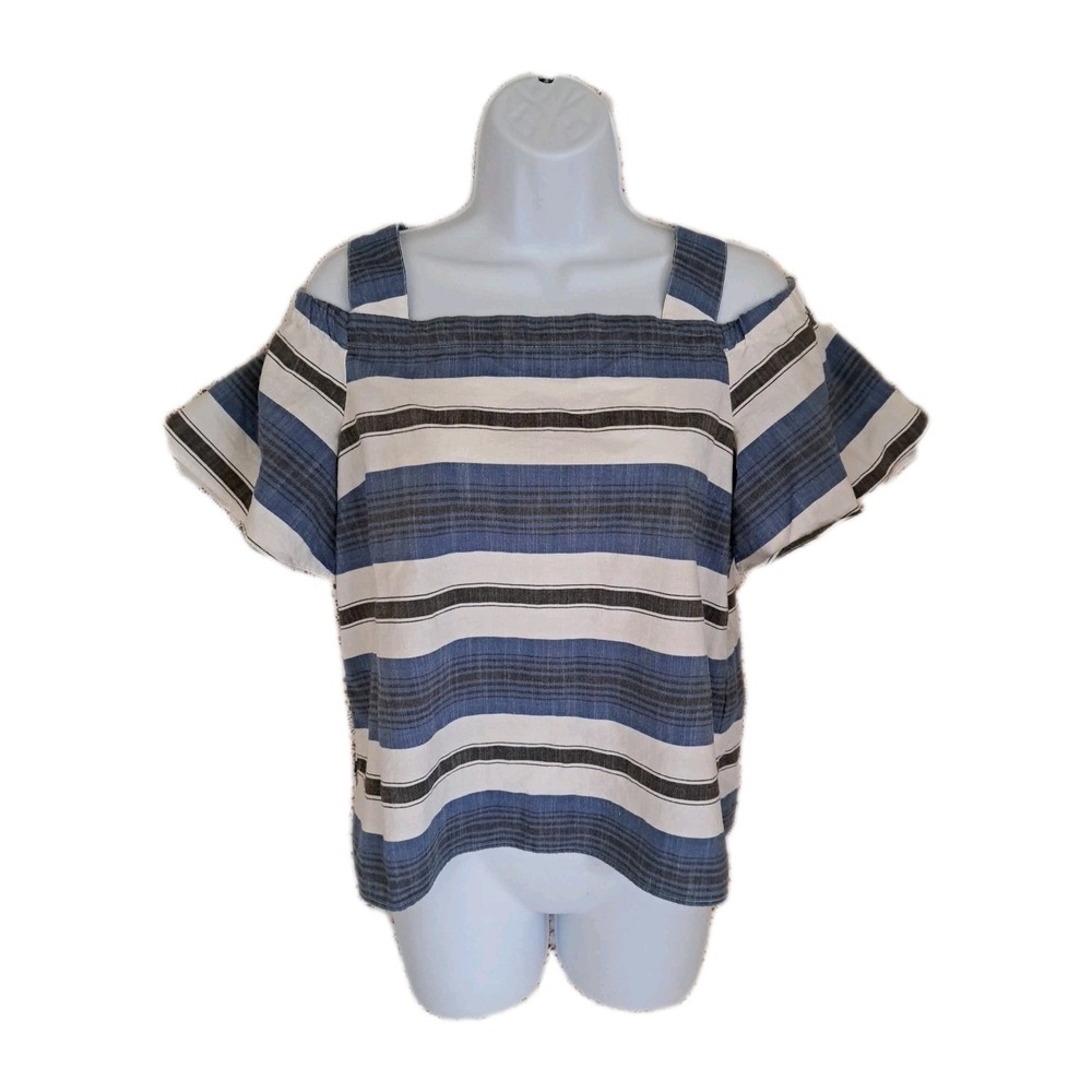 Lucky Brand Top M Blue Striped Cold Shoulder Flutter Sleeve Cropped Beachy Boho